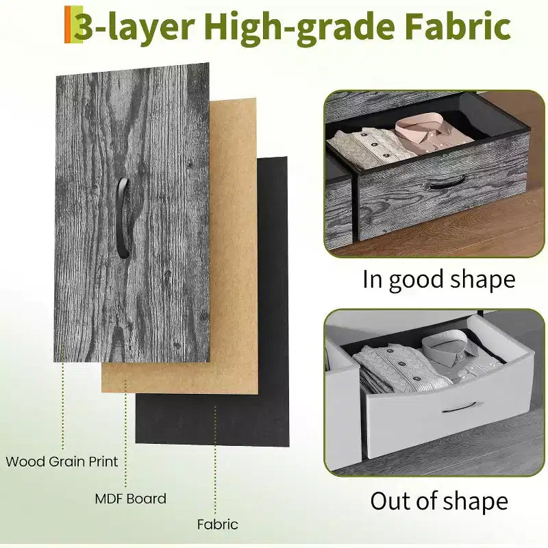 Mueble para TV de 63 con 9 cajones de tela y parte superior de madera, organizador de almacenamiento para equipos multimedia con estructura metálica para dormitorio o sala de estar