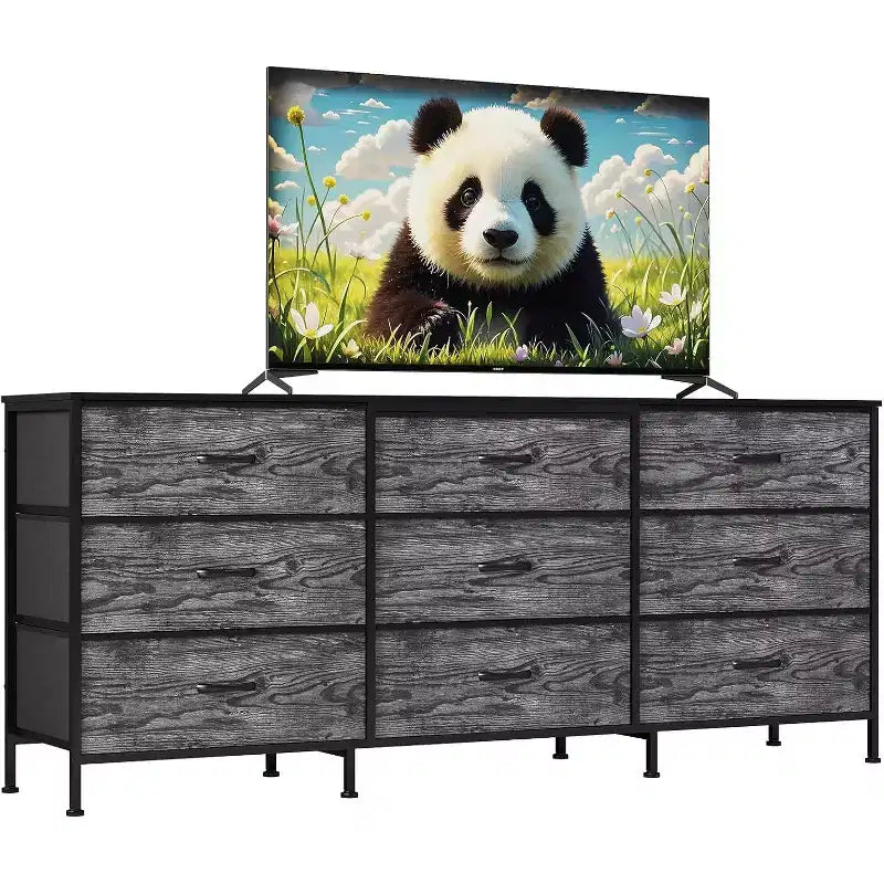 Mueble para TV de 63 con 9 cajones de tela y parte superior de madera, organizador de almacenamiento para equipos multimedia con estructura metálica para dormitorio o sala de estar
