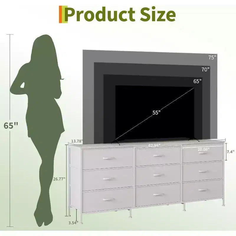 Mueble para TV de 63 con 9 cajones de tela y parte superior de madera, organizador de almacenamiento para equipos multimedia con estructura metálica para dormitorio o sala de estar