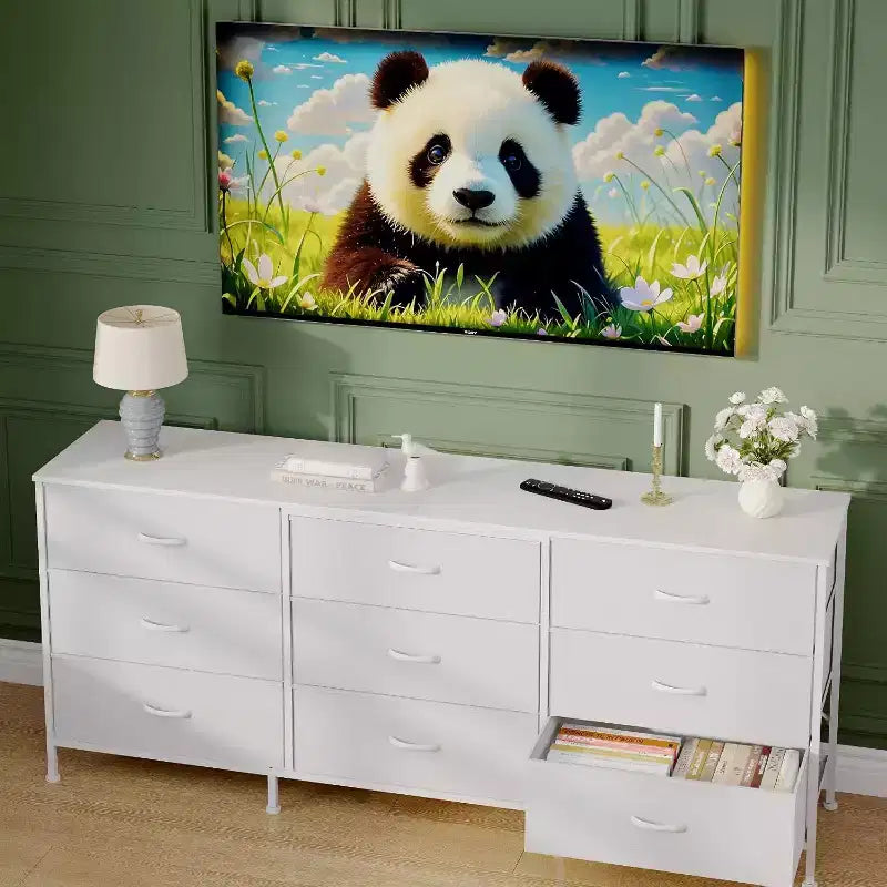 Mueble para TV de 63 con 9 cajones de tela y parte superior de madera, organizador de almacenamiento para equipos multimedia con estructura metálica para dormitorio o sala de estar