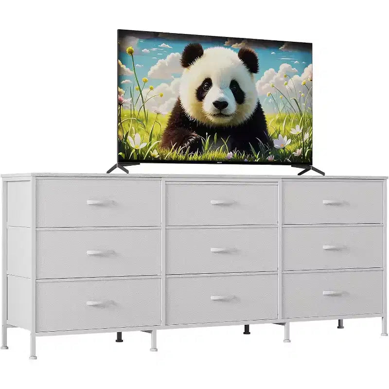 Mueble para TV de 63 con 9 cajones de tela y parte superior de madera, organizador de almacenamiento para equipos multimedia con estructura metálica para dormitorio o sala de estar
