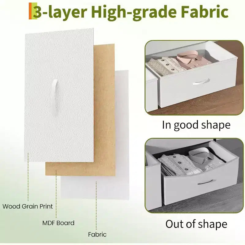 Mueble para TV de 63 con 9 cajones de tela y parte superior de madera, organizador de almacenamiento para equipos multimedia con estructura metálica para dormitorio o sala de estar