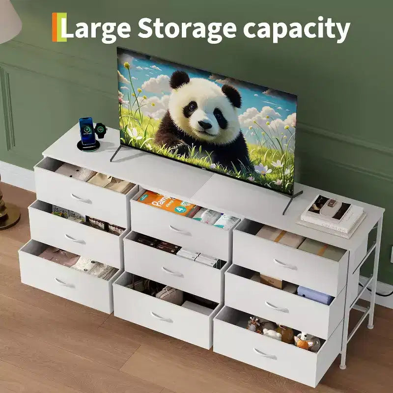 Mueble para TV de 63 con 9 cajones de tela y parte superior de madera, organizador de almacenamiento para equipos multimedia con estructura metálica para dormitorio o sala de estar