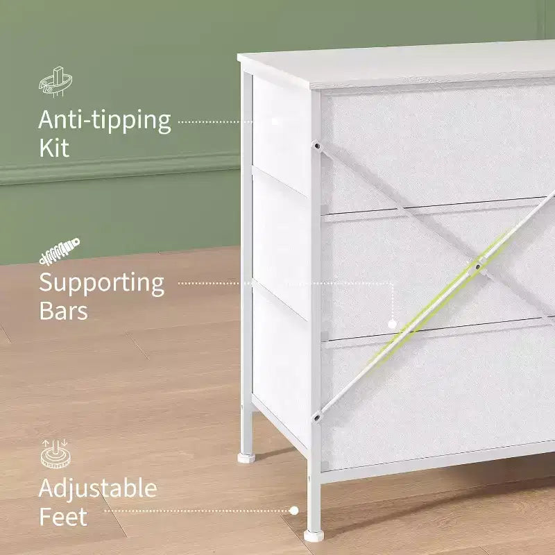Mueble para TV de 63 con 9 cajones de tela y parte superior de madera, organizador de almacenamiento para equipos multimedia con estructura metálica para dormitorio o sala de estar