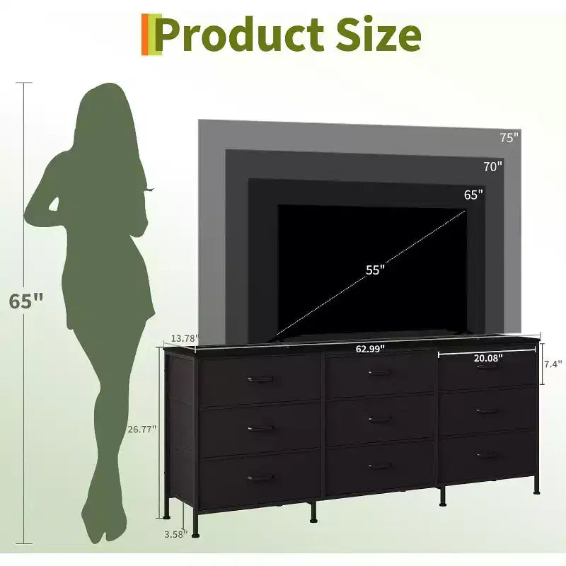 Meuble TV de 63 avec 9 tiroirs en tissu et plateau en bois, meuble multimédia avec cadre métallique pour le rangement dans la chambre ou le salon
