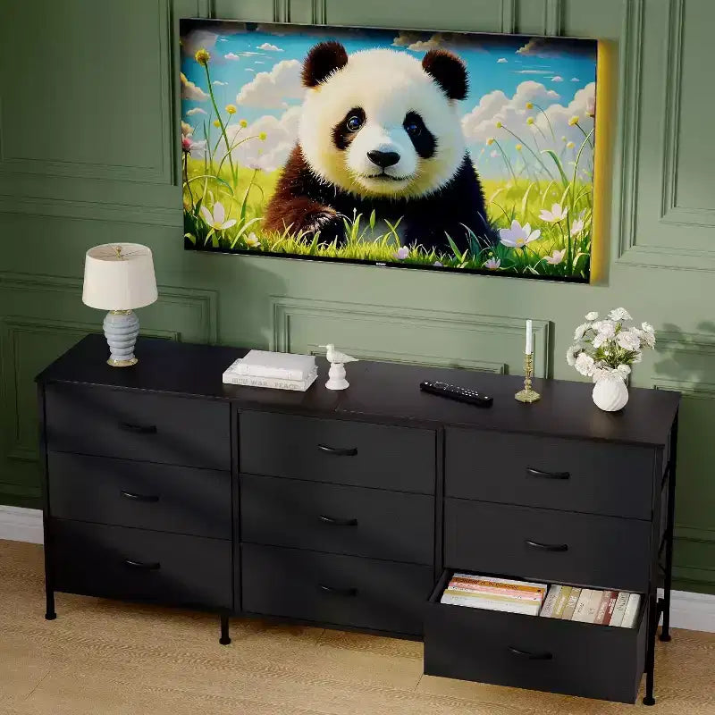 Meuble TV de 63 avec 9 tiroirs en tissu et plateau en bois, meuble multimédia avec cadre métallique pour le rangement dans la chambre ou le salon