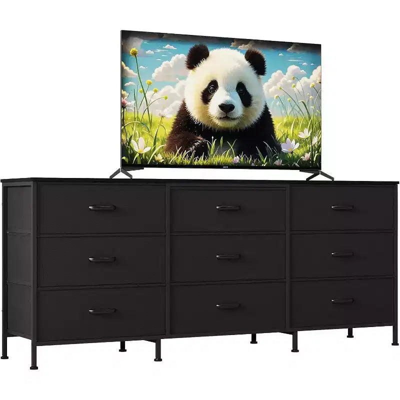 Mueble para TV de 63 con 9 cajones de tela y parte superior de madera, organizador de almacenamiento para equipos multimedia con estructura metálica para dormitorio o sala de estar