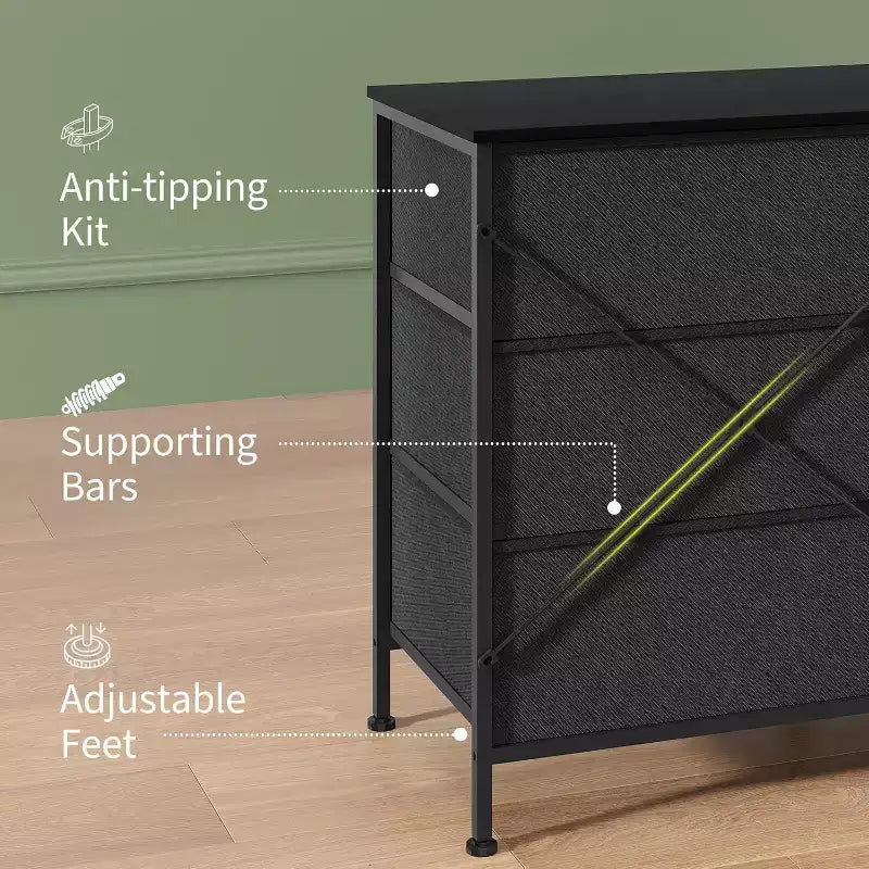 Mueble para TV de 63 con 9 cajones de tela y parte superior de madera, organizador de almacenamiento para equipos multimedia con estructura metálica para dormitorio o sala de estar