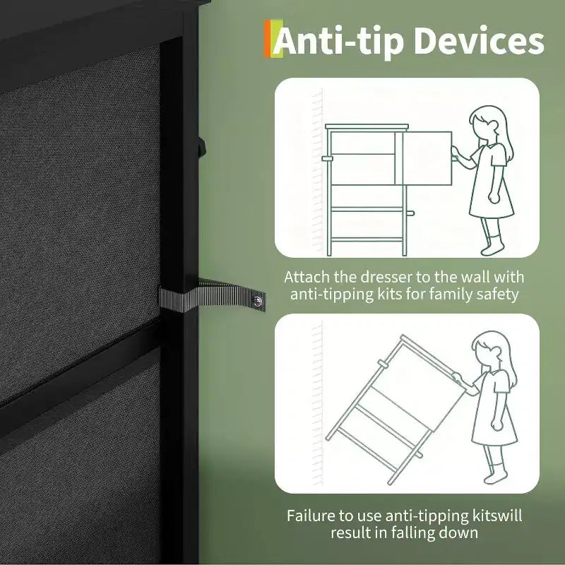 Mueble para TV de 63 con 9 cajones de tela y parte superior de madera, organizador de almacenamiento para equipos multimedia con estructura metálica para dormitorio o sala de estar