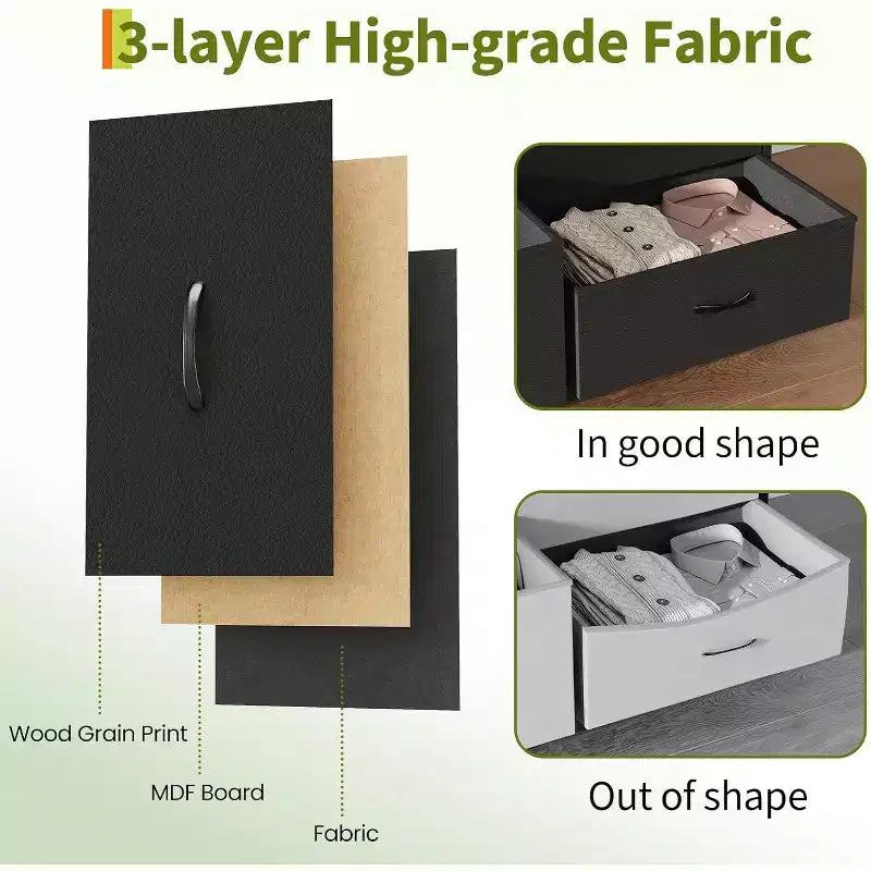 Mueble para TV de 63 con 9 cajones de tela y parte superior de madera, organizador de almacenamiento para equipos multimedia con estructura metálica para dormitorio o sala de estar