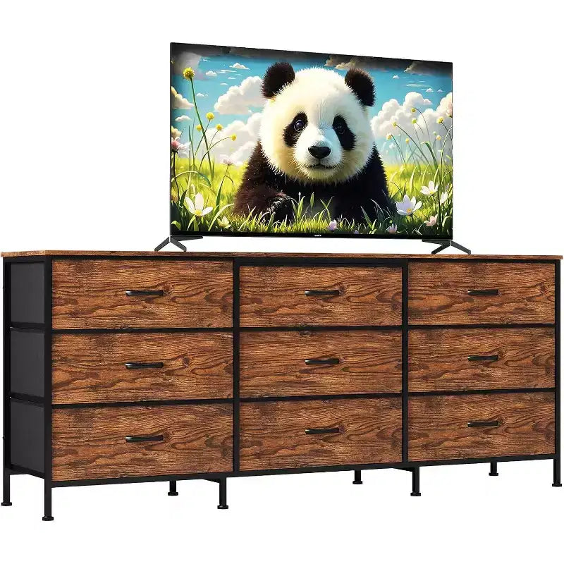 Meuble TV de 63 avec 9 tiroirs en tissu et plateau en bois, meuble multimédia avec cadre métallique pour le rangement dans la chambre ou le salon