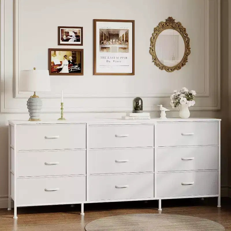 Meuble TV de 63 avec 9 tiroirs en tissu et plateau en bois, meuble multimédia avec cadre métallique pour le rangement dans la chambre ou le salon