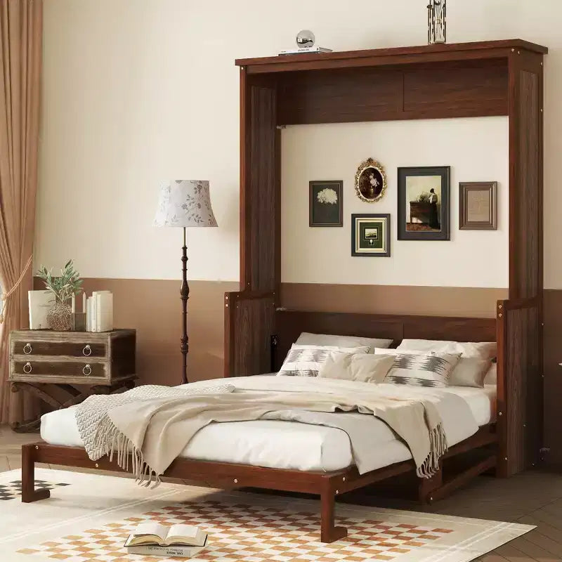Estructura de cama abatible de madera tamaño queen, armario de pared con cama oculta y pistones de gas (versión mejorada) - nogal