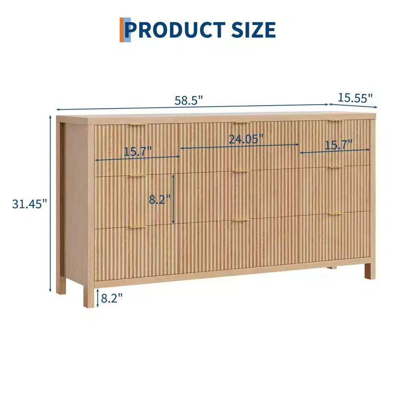Kommode mit 9 Schubladen fürs Schlafzimmer, 58.5W breite Holzkommode mit goldenen Griffen, geriffelter Kleiderorganizer, Kommode und TV-Ständer für den Flur, Walnuss