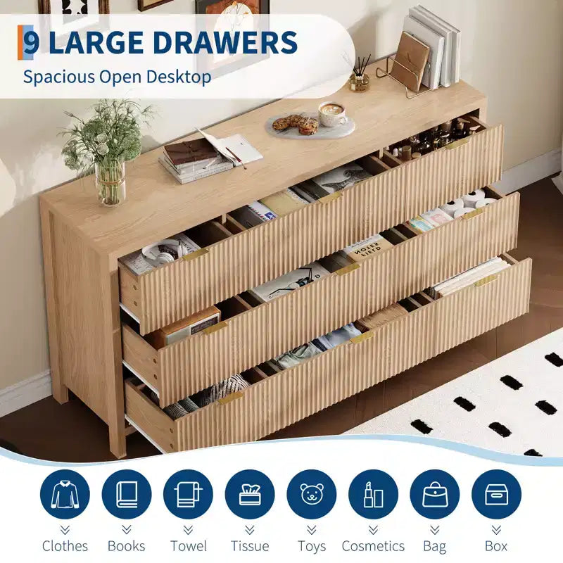 Kommode mit 9 Schubladen fürs Schlafzimmer, 58.5W breite Holzkommode mit goldenen Griffen, geriffelter Kleiderorganizer, Kommode und TV-Ständer für den Flur, Walnuss