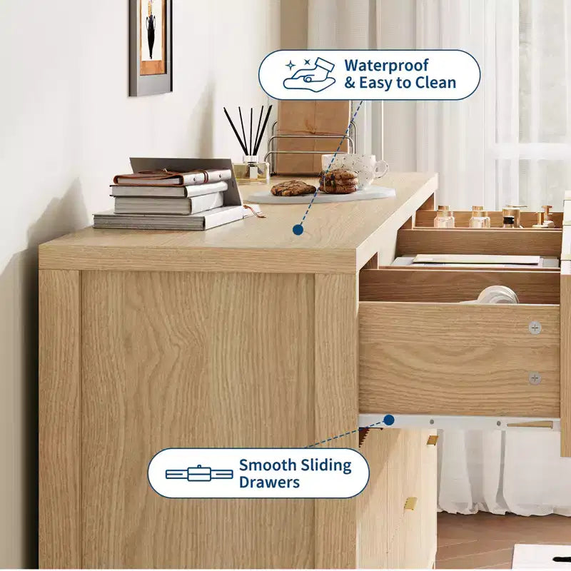 Commode à 9 tiroirs pour chambre, commode en bois de 58.5W avec poignées dorées, rangement cannelé pour vêtements, commode et meuble TV pour couloir, noyer