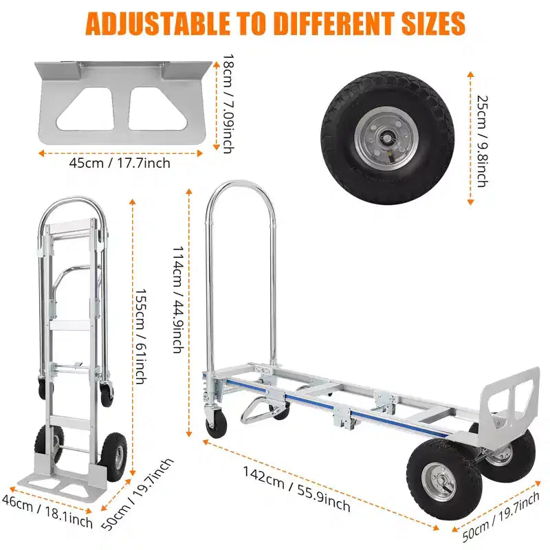Carretilla de mano plegable 2 en 1 con ruedas grandes - carretilla convertible de aluminio de 770lbs, resistente, para transportar y trasladar cargas