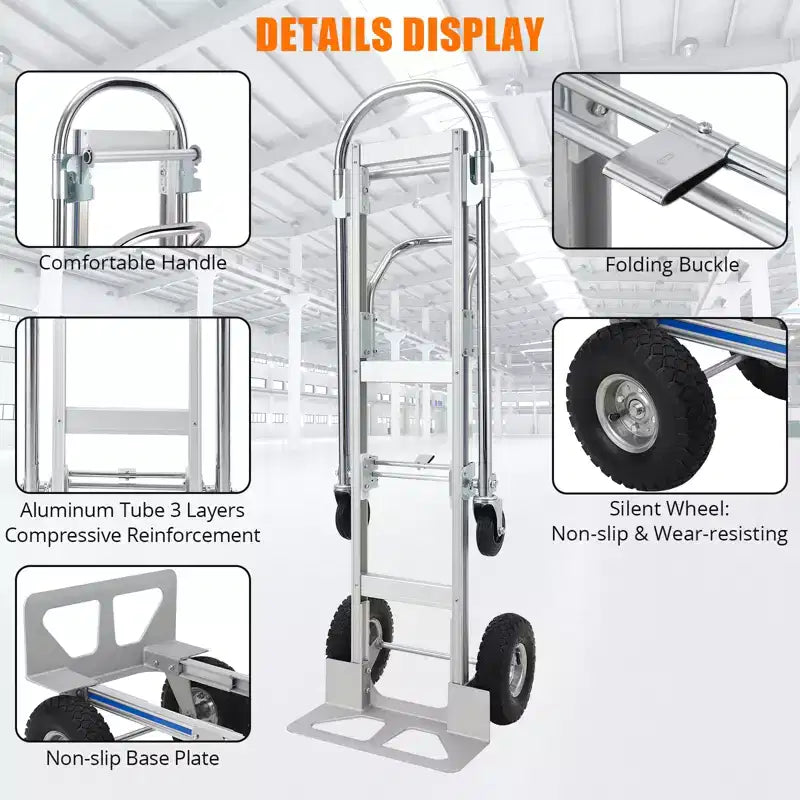 Carretilla de mano plegable 2 en 1 con ruedas grandes - carretilla convertible de aluminio de 770lbs, resistente, para transportar y trasladar cargas