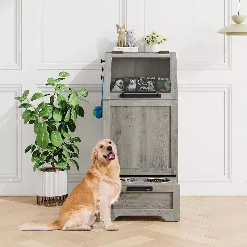 Futterstation für Hunde mit erhöhten Näpfen, Aufbewahrungsschrank und Haken für Zubehör, Braun